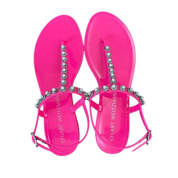 Stuart Weitzman Goldie Pearl Crystal Jelly Sandal Neon Pink - Sz 9 - Picture 3 of 7